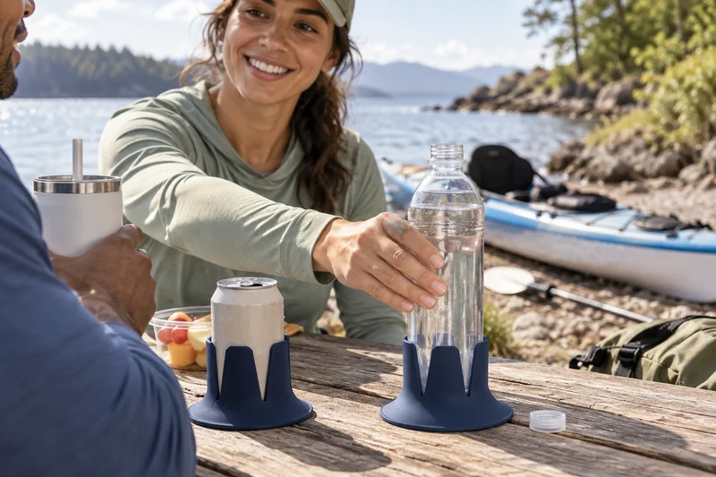 Paddler taking shore break at dry picnic table with kayak pulled fully ashore behind. AI lifestyle illustration.