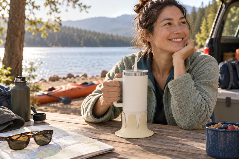 Before a morning paddle adult seated at lakeside campground table with kayak stored on shore. AI lifestyle illustration.